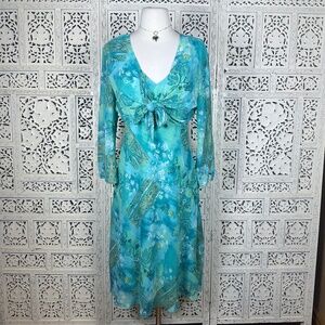 Vintage Dressbarn Blue & Green‎ Floral Shimmer Y2K Style Dress & Cardigan Set